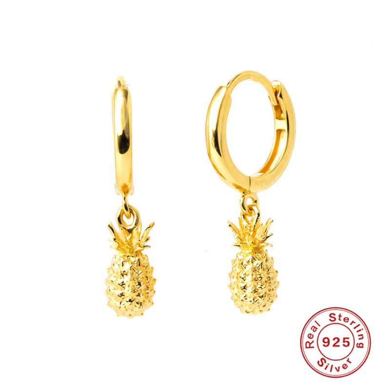 S925 Sterling Silver Fruit Earrings Pineapple Hoop Earrings Ear Clips Ear Pendants European and American Fashion Personality Unique Creative Earrings