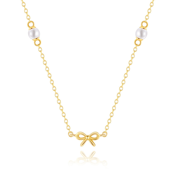 S925 Sterling Silver Simple Pearl Bowknot Layered Collarbone Chain Hot-Selling Classic Creative Versatile Necklace Ac...