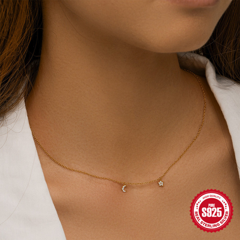 S925 Sterling Silver Five-Pointed Star Moon Double Element Versatile Collarbone Necklace European and American Hot-Selling Elegant Diamond-Studded High-End Necklace