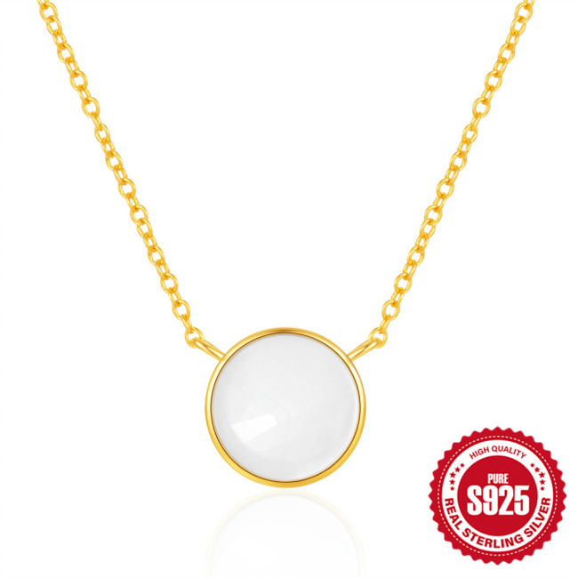 New 925 Sterling Silver White Mother-of-Pearl Pendant Clavicle Chain Smooth Round Disc Simple Light Luxury Elegant Niche Versatile Necklace
