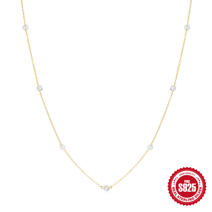 New S925 Sterling Silver Ins Style Pearl Inlaid Diamond Collarbone Chain for Women Korean Version Elegant Niche Design Matching Collarbone Chain