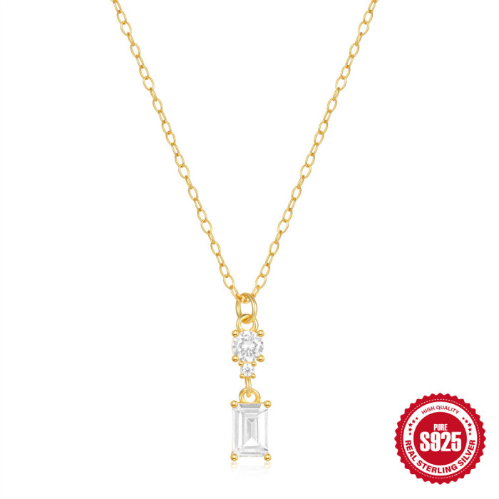 S925 Sterling Silver Super Flash Square Diamond Zircon Collarbone Necklace European and American French Style Simple Geometric Square Daily Wear Necklace