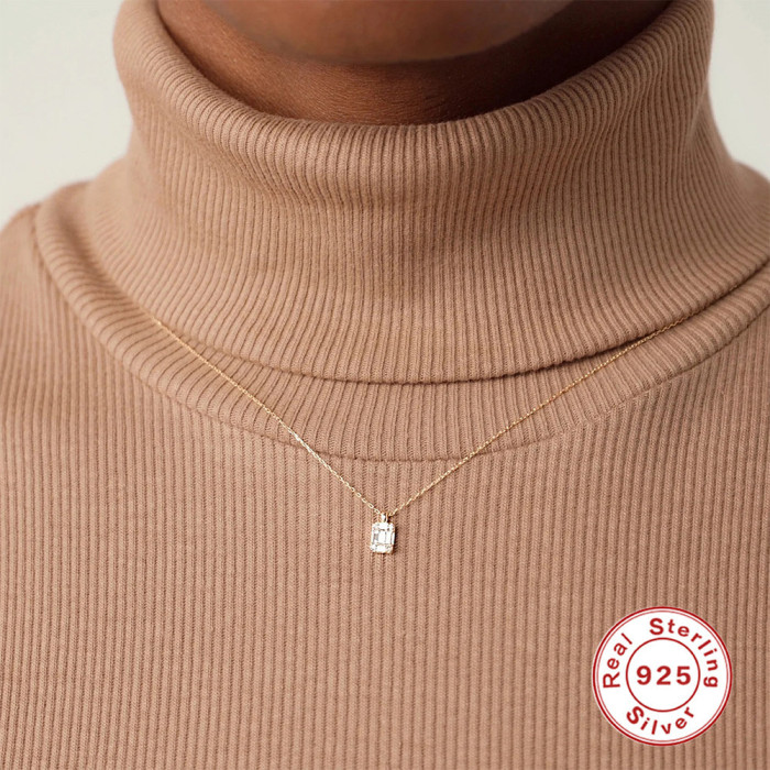 S925 Sterling Silver Square Pendant with Stone-Inlaid Elegant Commuting Collarbone Necklace Fashion Simple Ins Sty...