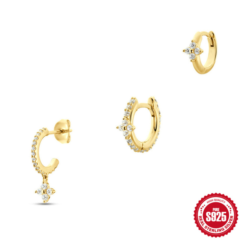S925 Sterling Silver Earrings Personality Petal Inlaid Diamond Hoop Earrings Ear Clips Earrings Three-Piece Set European and American Fashion Ins Style Stud Earrings