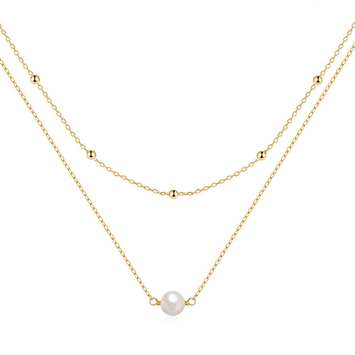 S925 Sterling Silver Elegant Double Layer Stacked Pearl Necklace for Women, European and American Hot Selling Ins Light Luxury Round Bead Collarbone Chain