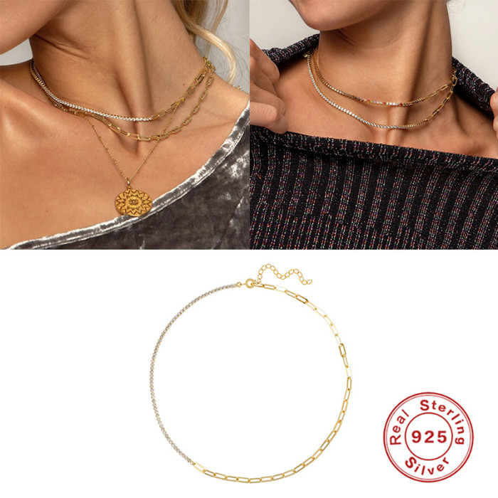 S925 Sterling Silver INS Style 2.0 Mesh Diamond Splicing Paperclip Chain Necklace European and American Fashion Creative Women's Collarbone Necklace