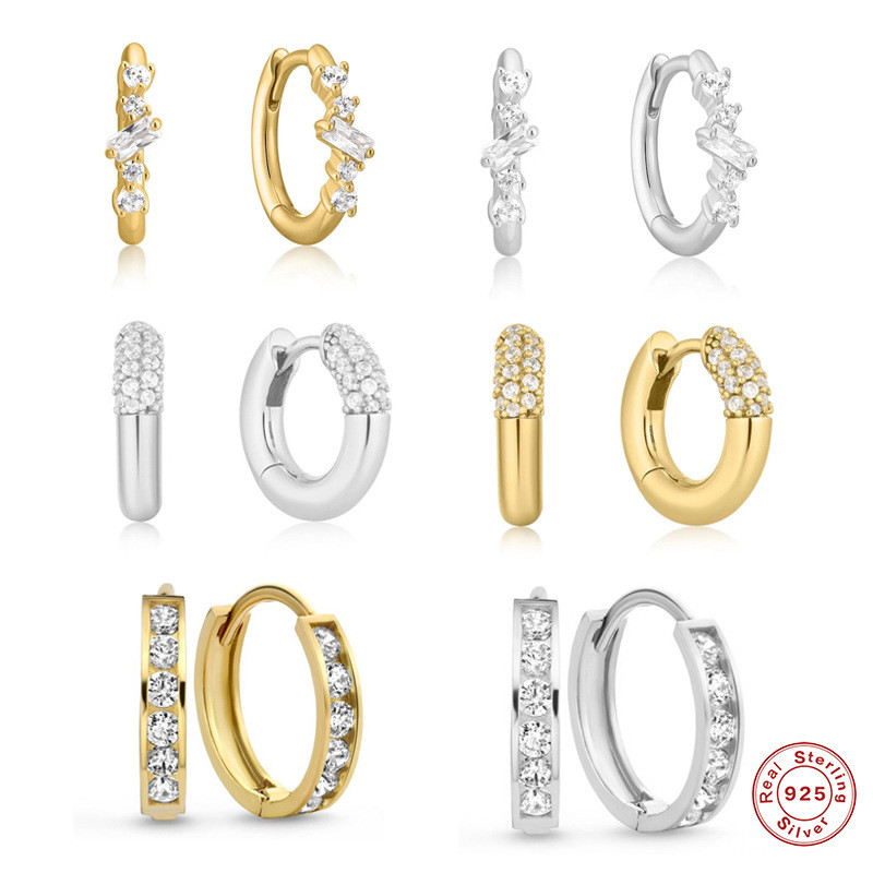S925 Sterling Silver Cluster Diamond Geometric Versatile Hoop Earrings Ear Clips Earrings European and American Hot Selling Personality Trendy INS Earrings