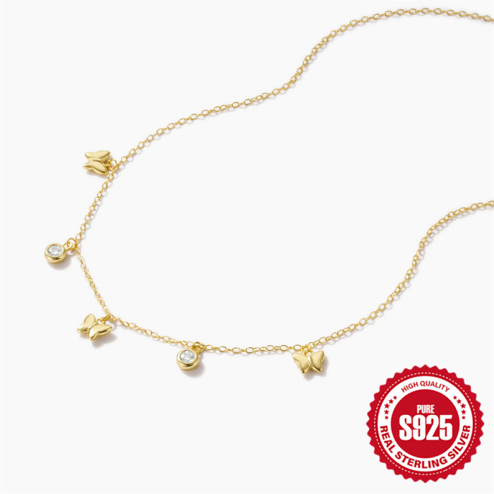 925 Sterling Silver INS Style Butterfly Zircon Layered Collarbone Chain European and American Hot-Selling Fashion Simple Versatile High-End Necklace