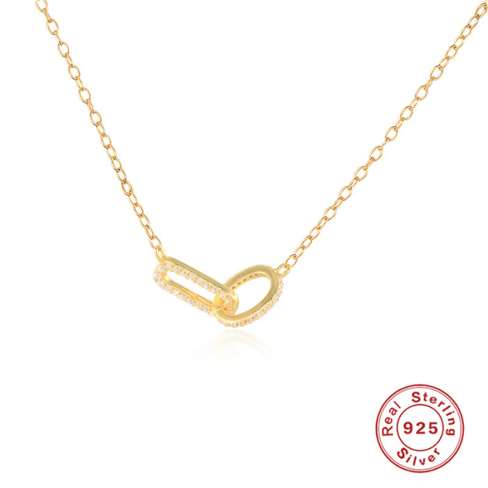 S925 Sterling Silver Charm Geometric Diamond-Encrusted Interlocking Pendant Collarbone Chain Necklace Korean INS Style Elegant Jewelry