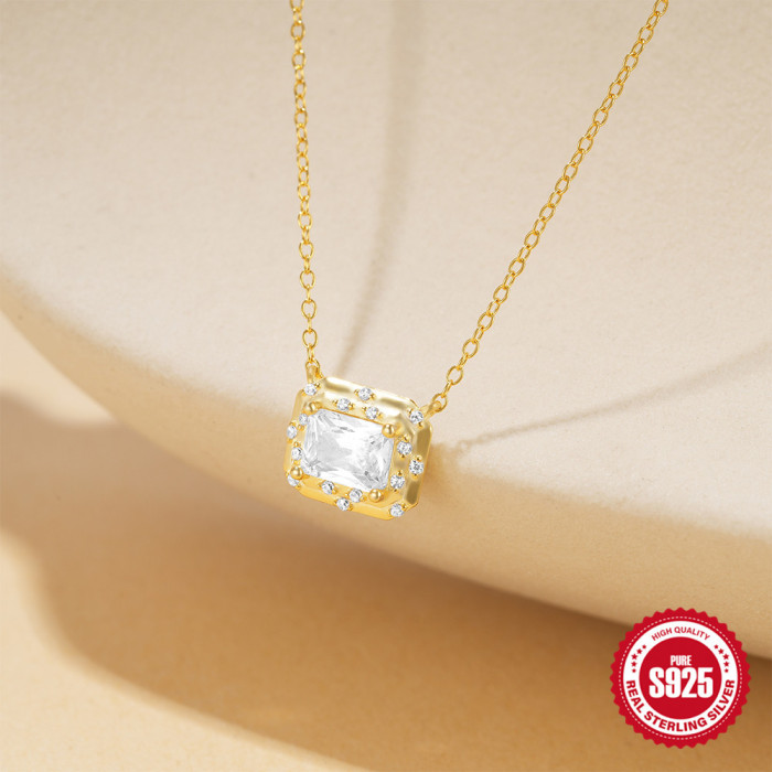New S925 Sterling Silver Personality Geometric Square Inlaid Diamond Light Luxury Collarbone Chain Korean Version Niche Design Sense Necklace