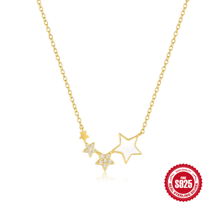 S925 Sterling Silver Inlaid Diamond Five-Pointed Star Oil Drop Necklace for Women, European and American Hot-Selling Versatile Simple Fashion Design Clavicle Chain