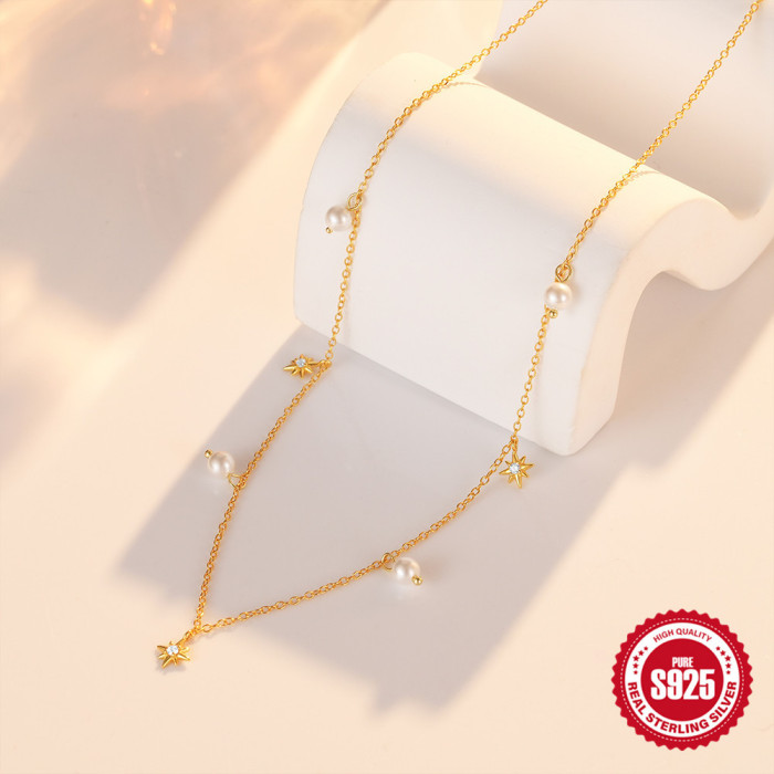 New S925 Sterling Silver Shell Pearl Eight-Pointed Star Pendant Clavicle Chain Necklace Jewelry European and American Hot Selling Diamond-Studded Elegant Necklace for Women