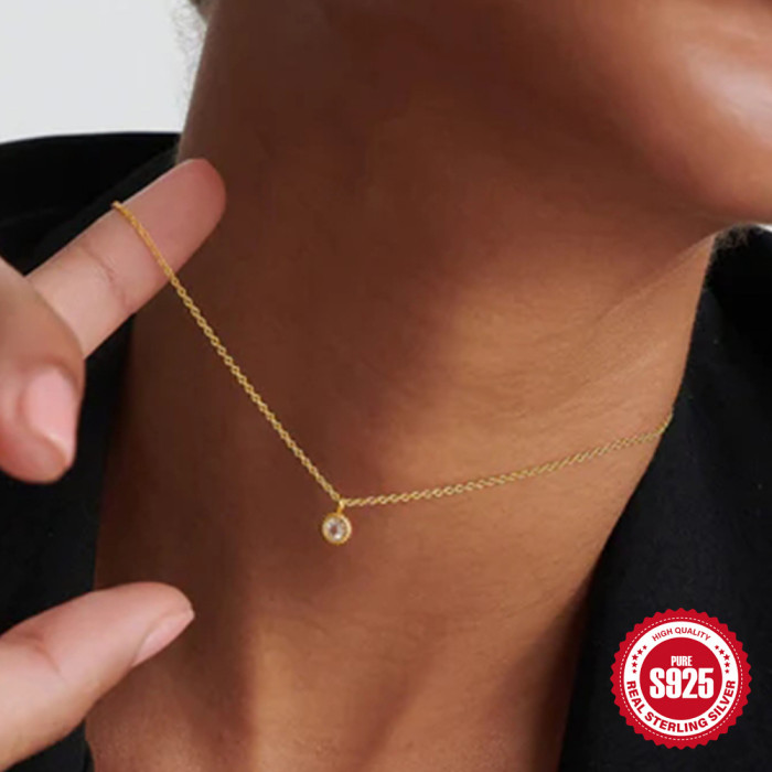 S925 Sterling Silver Round Personality Design Inlaid Diamond Necklace European and American Fashion Ins Style Single Zircon Pendant Clavicle Chain