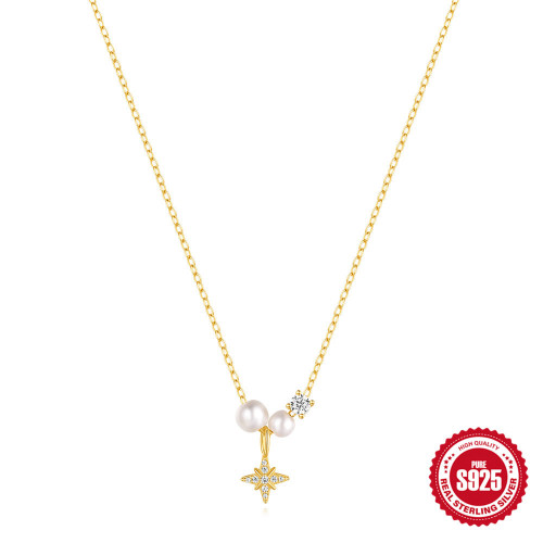 S925 Sterling Silver Exquisite Pearl Elegant Eight-Pointed Star High-End Clavicle Chain European and American Hot-Selling Diamond-Studded Design Necklace