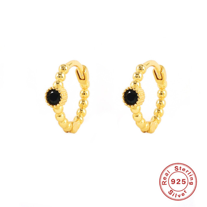 S925 Sterling Silver Round Bead Stone-Inlaid Hoop Earrings Fashion Simple Creative INS Style Earrings