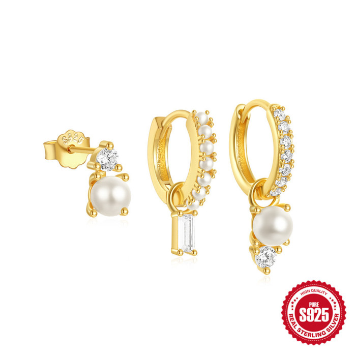 S925 Sterling Silver Devil's Eye Eight-Pointed Star Moon Inlaid Diamond Hoop Earrings Set Classic Pearl Earrings, Jew...