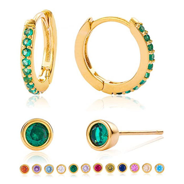 S925 Sterling Silver Earrings Fashion Simple Ins Single Row Colorful Stone-Inlaid Ear Clips Ear Studs Earrings Comb...