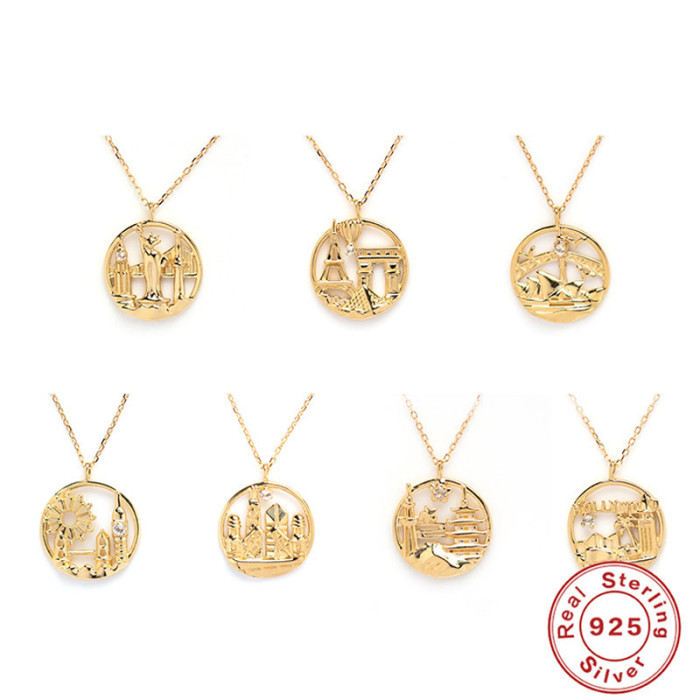 S925 Sterling Silver Personalized Creative City Pendant Necklace for Women Collarbone Necklace European and American French Style Inlaid Diamond Elegant Necklace