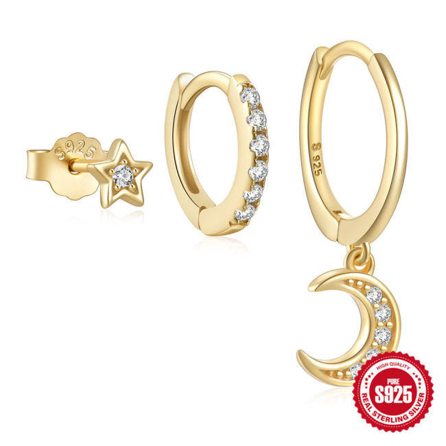 925 Sterling Silver Star Moon Inlaid Diamond Classic Hot-Selling Hoop Earrings Stud Earrings Jewelry Set European and American Hot-Selling Elegant Earrings