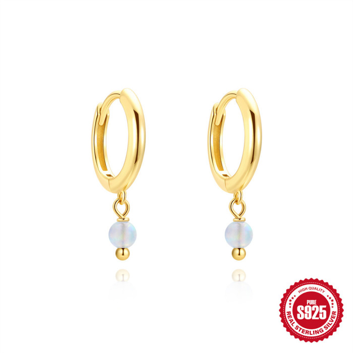 S925 Sterling Silver Minimalist Pierced Sphere Opal Daily Wear Earrings Necklace Set Korean Version Niche Light Luxury Jewelry