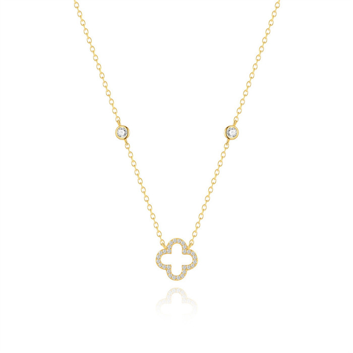 Approximately 925 Silver Light Luxury Stone-Encrusted Four-Leaf Clover Collarbone Chain Korean Version Niche Geomet...