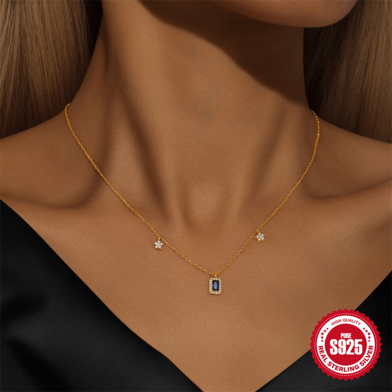 925 Sterling Silver Sapphire Inlaid Diamond Flower Layered Women's Versatile Collarbone Chain European and American French Style INS Temperament Necklace