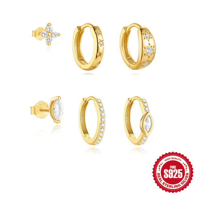 S925 Sterling Silver Marquise Stone Star Earrings Flower Hoop Earrings Fashionable Versatile Earring Set, Jewelry Sets