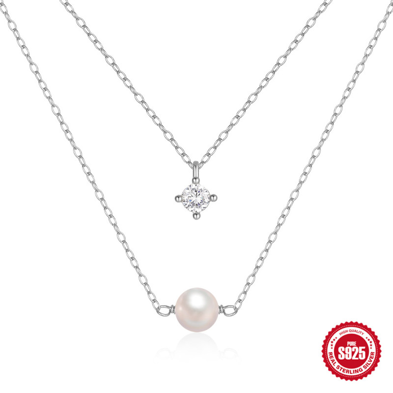 S925 Sterling Silver Double Layer Stacked Four-Prong Inlaid Diamond Pearl Necklace European and American Hot Selling Versatile Ins Style Trendy Collarbone Chain