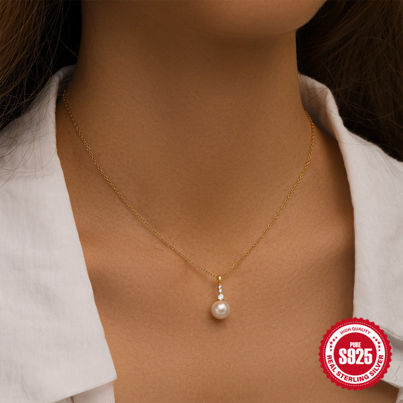 S925 Sterling Silver Pearl Inlaid Diamond Layered Elegant Collarbone Chain European and American Cross-Border Hot Selling Amazon High-End Necklace for Women
