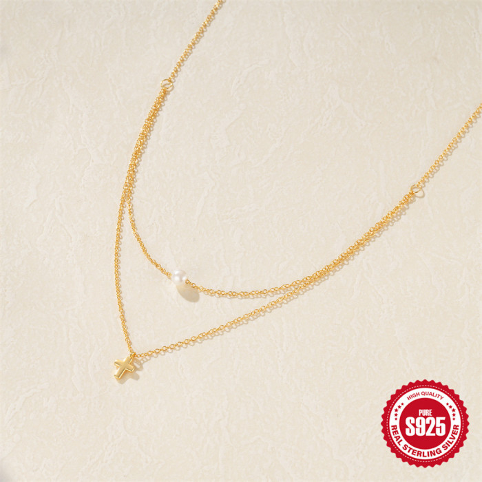 S925 Sterling Silver Cross Pendant Pearl Collarbone Chain Hot-Selling Design Versatile Multi-Layer Double-Layer Neckl...