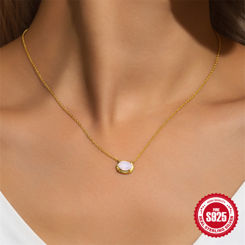 S925 Sterling Silver Textured Pink Opal Geometric Necklace Korean Style Internet Celebrity Niche High-end Elegant Collarbone Chain for Women