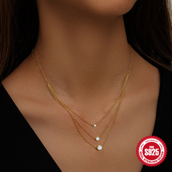 New S925 Sterling Silver Light Luxury Round Diamond Inlaid Three-Layer Stacked Collarbone Chain European and American Hot-Selling Elegant Versatile Necklace for Women