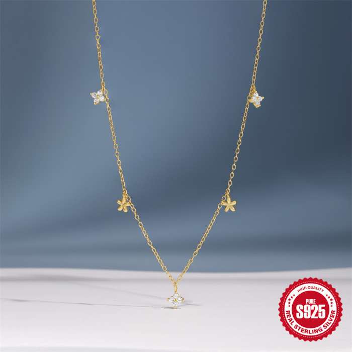925 Sterling Silver Summer Fresh Flower Inlaid Diamond Layered Collarbone Chain European and American Cross-Border Hot Selling INS Design Necklace