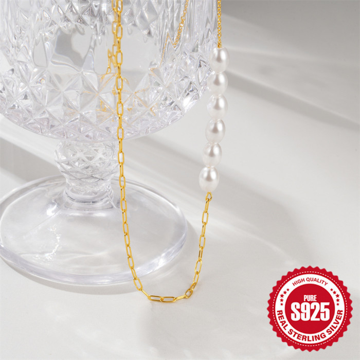 New 925 Sterling Silver Double Paperclip Pearl Fashion Versatile Necklace Hot Selling INS Style Collarbone Chain