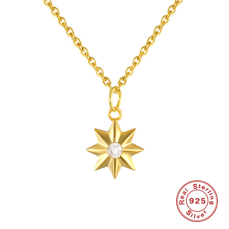 925 Sterling Silver Crystal Star Necklace European and American Minimalist Octagonal Star INS Sterling Silver Inlaid Diamond Small Sun Necklace