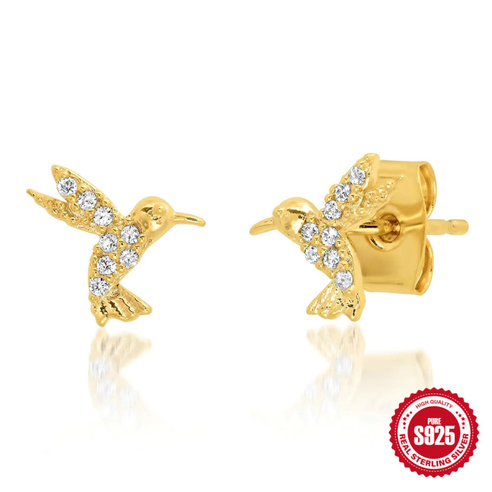 S925 Sterling Silver Fun Diamond-Studded Bird Earrings for Women European and American Fashion Hot-Selling Ins Style Zircon Earrings Jewelry Cross-Border