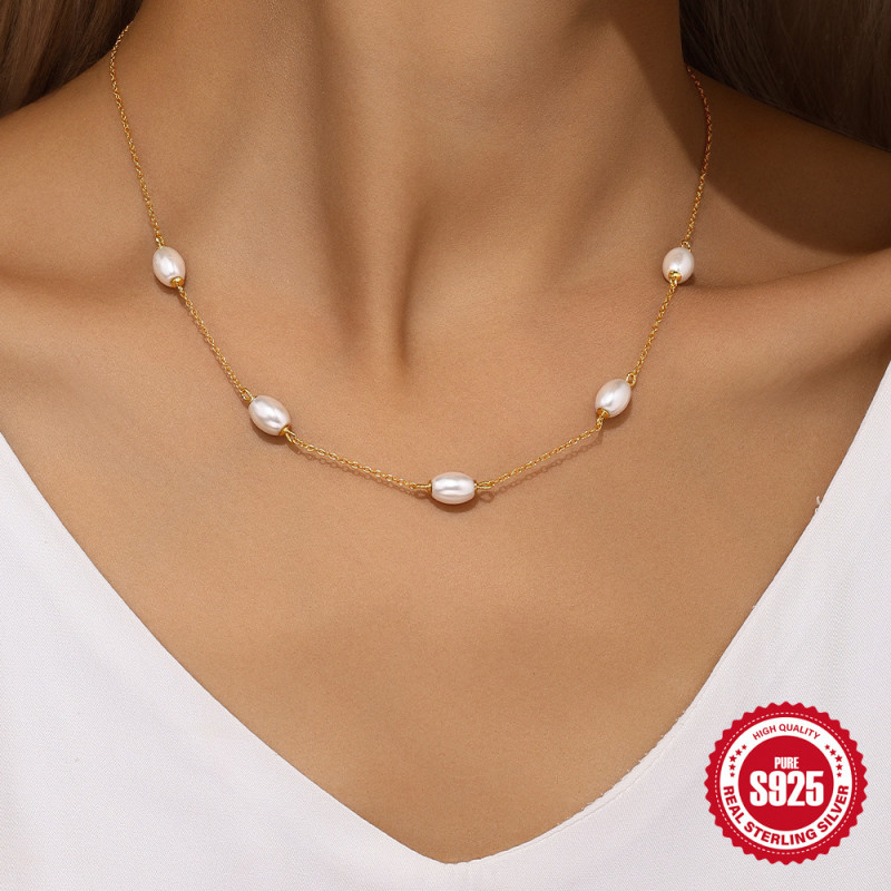 S925 Sterling Silver Pearl Necklace for Women, Niche Design Fashion Collarbone Chain, High-End Simple and Elegant Versatile Necklace