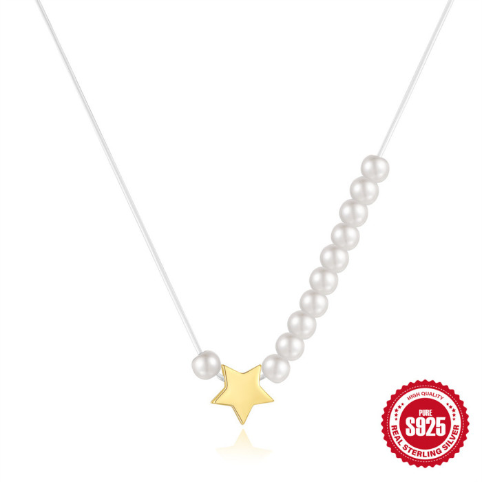 New S925 Sterling Silver Minimalist Fishing Line Necklace European and American Hot Sale Five-Pointed Star Heart Bowknot Pearl Collarbone Chain for Women