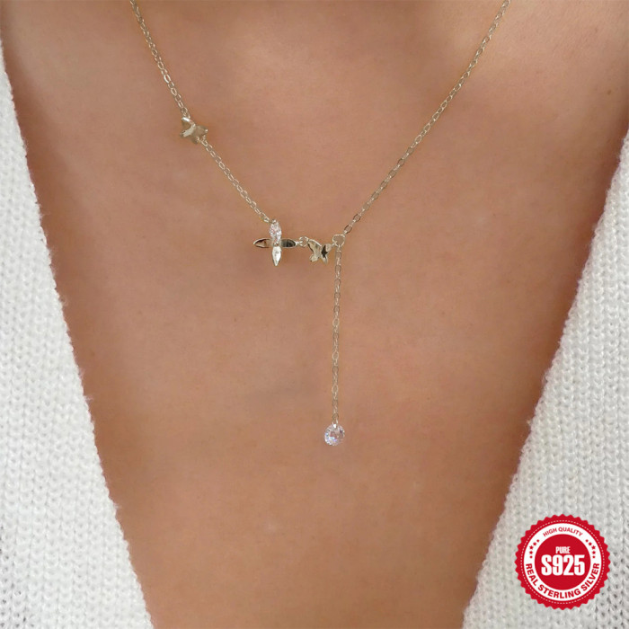S925 Sterling Silver Large and Small Butterfly Stone-Inlaid Collarbone Necklace Fashion Simple Ins Style Collarbone...