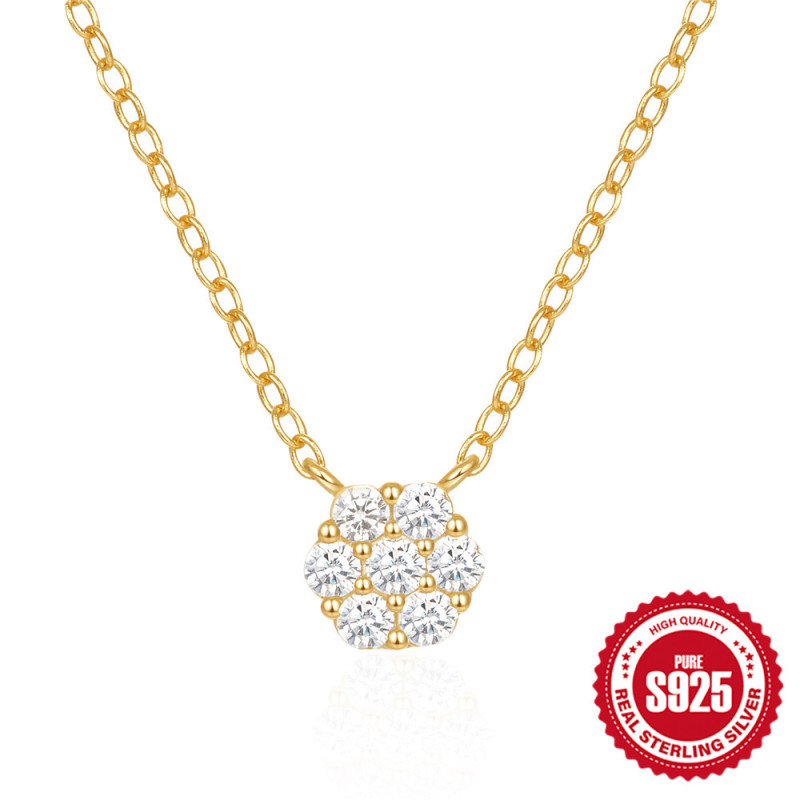 New S925 Sterling Silver Seven Diamond Flower Necklace for Women, K Gold Plated, Luxurious Wedding Simple Fresh Small Round Diamond Collarbone Chain