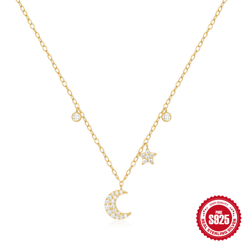 Classic 925 Sterling Silver Star Moon Inlaid Diamond Women's Layered Necklace European and American Hot-Selling Elegant Personality Ins Collarbone Chain