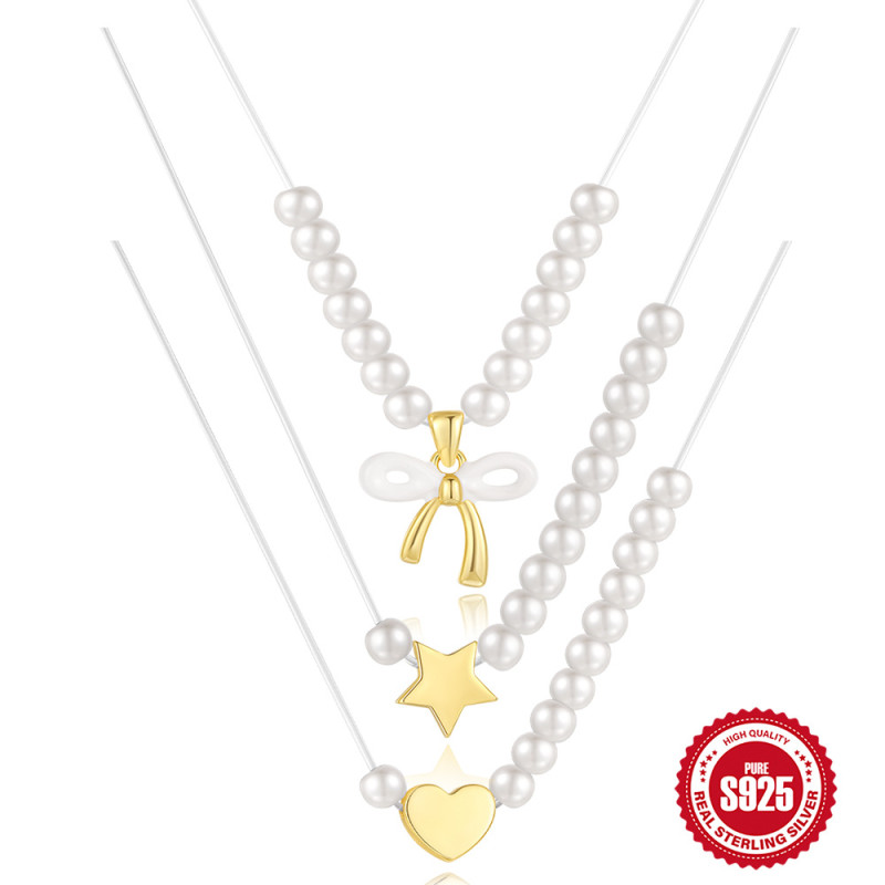 New S925 Sterling Silver Minimalist Fishing Line Necklace European and American Hot Sale Five-Pointed Star Heart Bowknot Pearl Collarbone Chain for Women