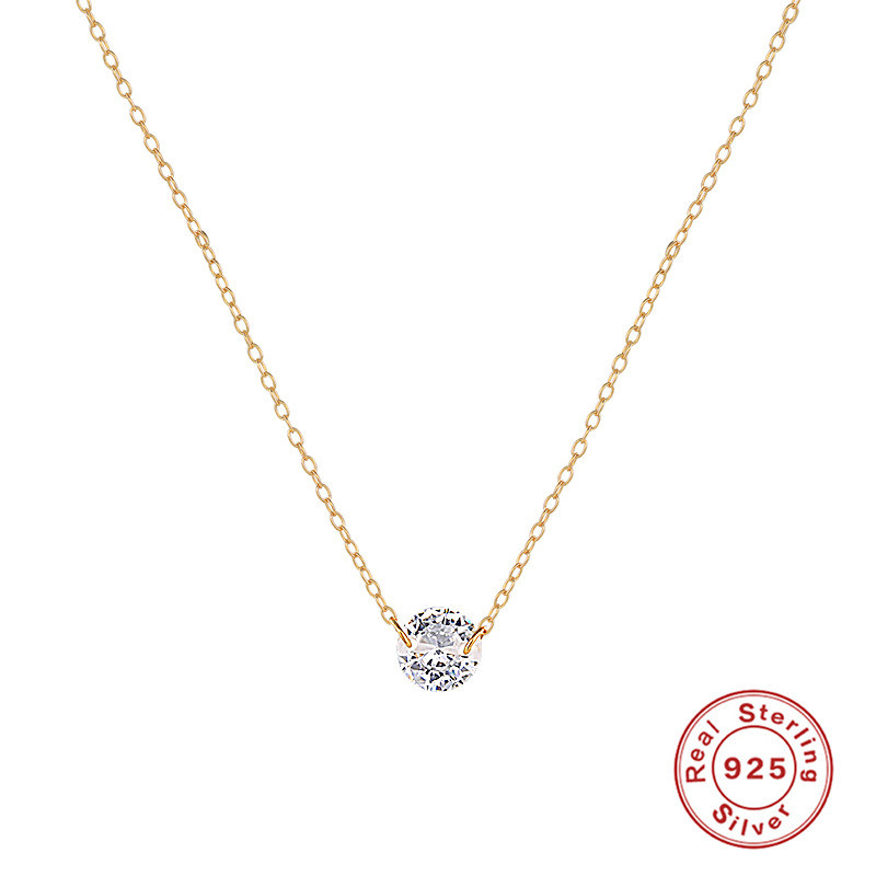 S925 Sterling Silver Dazzling Floating Round Single Diamond Collarbone Chain Korean and Japanese Minimalist INS Style Super Sparkling Inlaid Diamond Necklace Jewelry