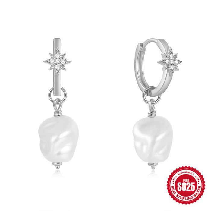 925 Sterling Silver Octagonal Star Inlaid Diamond Irregular Pearl Hoop Earrings Ear Clips Earrings Cross-Border Hot Selling Elegant Sunflower Ear Jewelry