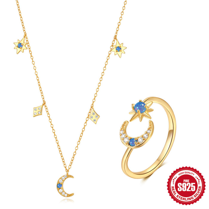 S925 Sterling Silver Star Moon Inlaid Opal Layered Necklace Adjustable Ring Set Hot-Selling Jewelry