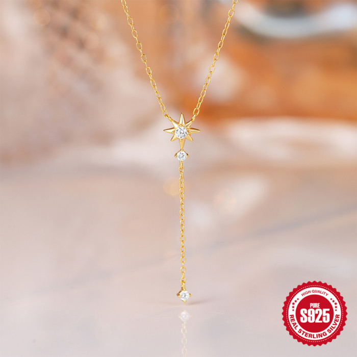 S925 Sterling Silver Y-Shaped Long Tassel Necklace Cross-Border Hot Sale Ins Minimalist Style Eight-Pointed Star Inlaid with Diamonds Elegant Collarbone Chain