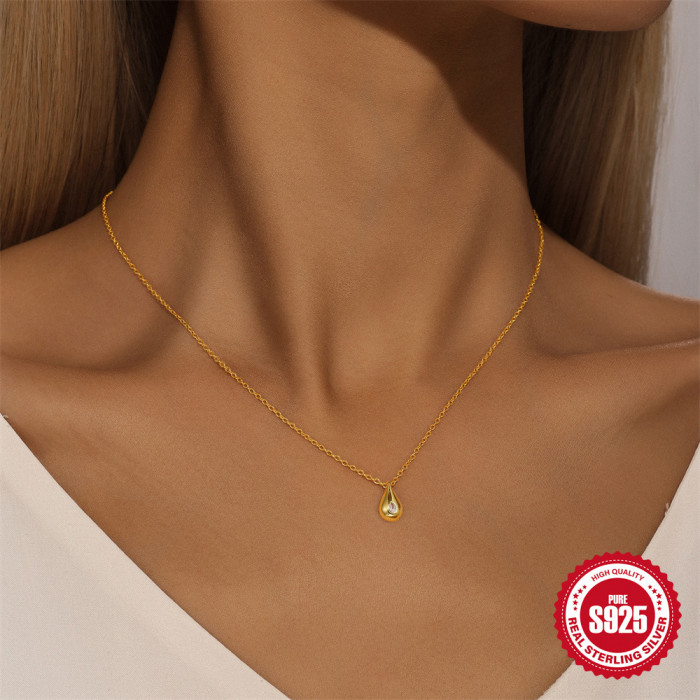 S925 Sterling Silver Water Drop Inlaid Diamond Versatile Collarbone Necklace Korean Style Internet Celebrity Same Style Niche Design Necklace Accessories for Women