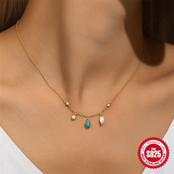 S925 Sterling Silver Turquoise-Color Diamond-Embedded All-Match Necklace European, American and French Style-Style Elegant Pearl Light Luxury High-Grade Clavicle Chain
