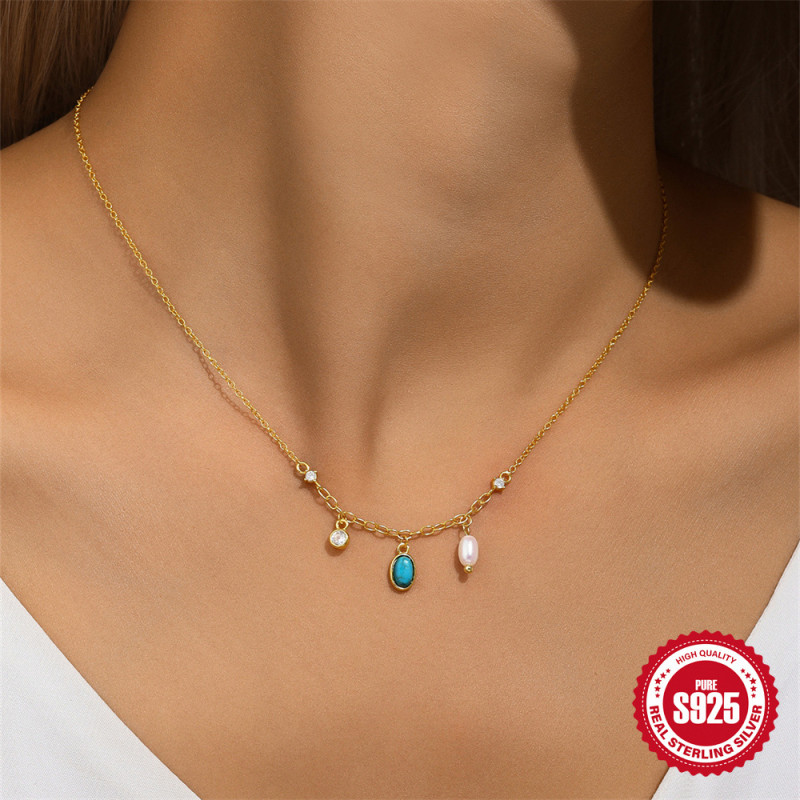 S925 Sterling Silver Turquoise-Color Diamond-Embedded All-Match Necklace European, American and French Style-Style Elegant Pearl Light Luxury High-Grade Clavicle Chain