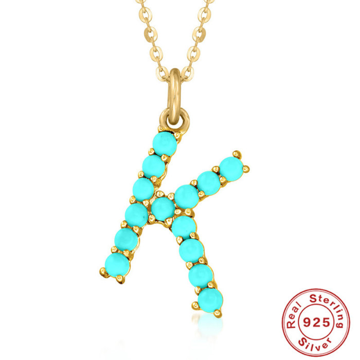 S925 Sterling Silver 26 Letter Necklace Style High-end Natural Turquoise Initial Letter Necklace Collarbone Chain